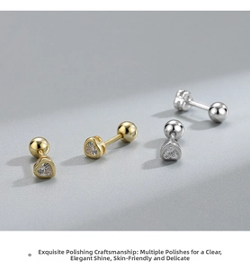 Macro detail of S925 silver heart stud earrings with cubic zirconia and screw ball backs