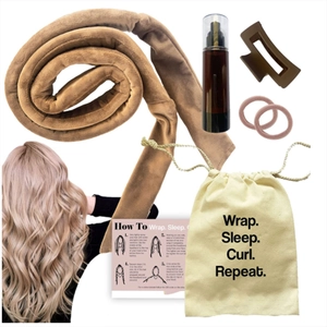 Brown heatless hair curling set with rod, scrunchies, clip and spray bottle on white