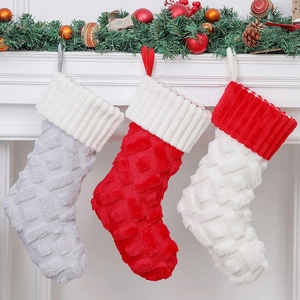 Christmas Stocking Faux Rabbit Fur Plush Diamond Grid Knitted Hanging Gift Bag Holiday Home Fireplace Decoration