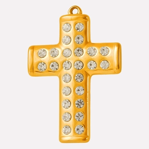 Close-up of golden stainless steel cross pendant with sparkling inlaid round crystals