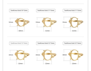 Size chart for oval S925 silver ring settings in ancient gold finish from 10x12mm to 12x16mm