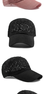 Detail of hollow knit baseball cap showing breathable crochet texture in black and pink
