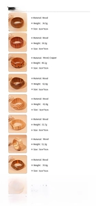 Detailed chart showing eight styles of geometric wooden bangles with copper rivet accents
