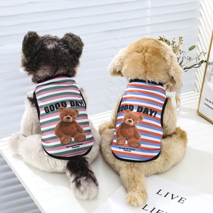 Close-up of breathable striped pet vests with bear print and 'GOOD DAY!' embroidery details