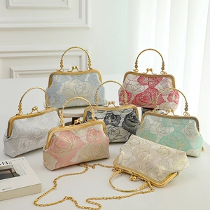 Retro Floral Embroidery Evening Bag For Women With Metal Handle And Chain Strap Jacquard Clutch Crossbody Purse