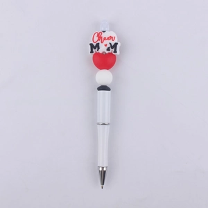 Detail of white DIY beaded pen with Cheer MOM silicone charm and red heart-shaped bead