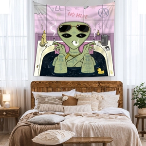 Detail of bohemian tapestry featuring an alien in a bathtub with high-definition digital print