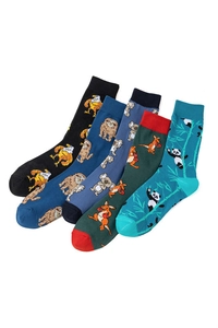 Detail view of four cotton crew socks with ostrich, sloth, kangaroo and panda animal patterns