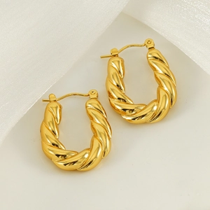 U-shaped stainless steel twisted hoop earrings with elegant gold texture in retro style