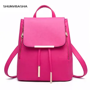 Fashionable rose red PU leather backpack with flap closure and gold metal buckle for women