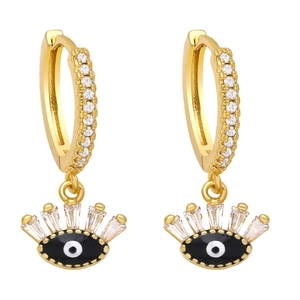 Golden Evil Eye hoop earrings featuring sparkling zircons and black enamel eye charms