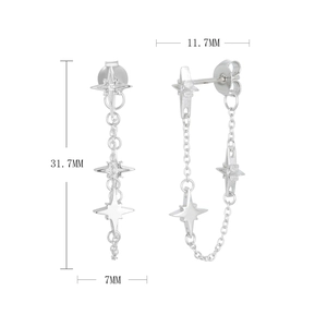 Detail view of S925 silver star tassel earrings showing exact dimensions of 31.7mm x 7mm