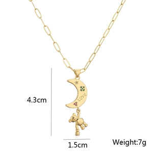 Gold-plated moon and bear pendant necklace with colorful cubic zirconia and LOVE engraving