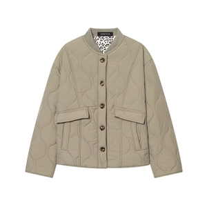 Women Quilted Jacket Lightweight Wave Padded Coat Leopard Print Lining Round Neck Button Up Outerwear With Pockets