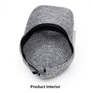 Detailed interior of gray knit baseball cap with adjustable strap and inner sweatband