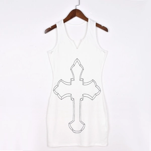 Detailed view of white ribbed sleeveless dress with a black cross print on hanger