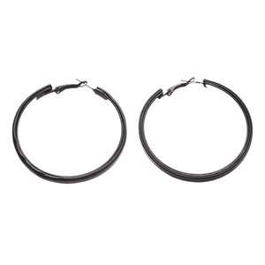 Glossy black geometric round metal hoop earrings for women on a clean white background