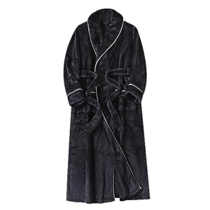 Classic thick flannel long bathrobe with white contrast trim and waist tie in dark blue