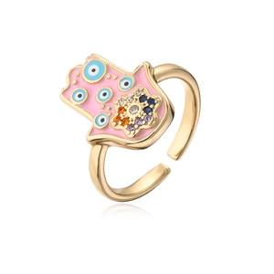 Pink enamel Hamsa Hand open ring with multi-colored evil eye stones in gold finish