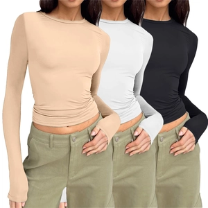 Dreierpack figurbetonte Langarm-T-Shirts in Beige, Weiß und Schwarz für Damen
