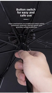 Close-up of safety push-button switch and black metal frame on a folding umbrella