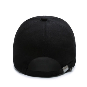 Black canvas baseball cap with long visor and adjustable silver metal buckle back view