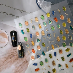 3D embossed celestial nail stickers with gold frame and gemstone texture Co-414