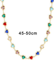 Colorful heart zircon necklace in gold metal with adjustable length of 45 to 50cm
