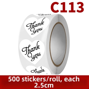Detail of 2.5cm heart-shaped thank you stickers in 500 pieces per roll packaging
