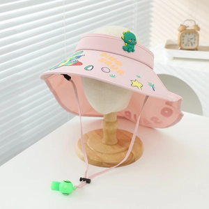 Chapeau de soleil rose pour enfants avec motifs dinosaures et sifflet sur la sangle