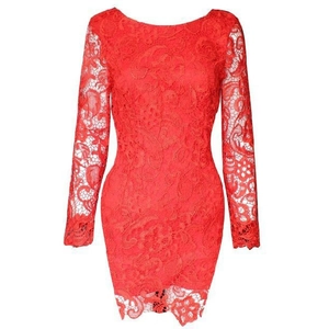 Robe rouge ajustée pour femmes en dentelle et mousseline à manches longues