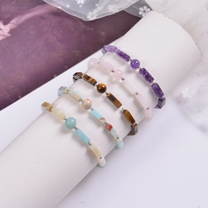 Natural amethyst and rose quartz rectangle beaded stretch bracelets set on display