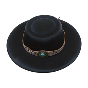 Classic black wool felt hat with an ethnic embroidered band and turquoise stone accent