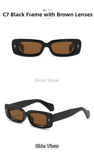 Detail of vintage square sunglasses in black frame with tea lenses and gold rivets