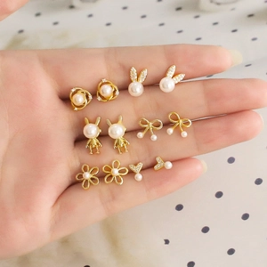 Boucles D'oreilles Cuivre Mode Künstliche Perles Imitation Zircon Lapin Noeud Fleur Coeur Bijoux Mignons Accessoires Femmes