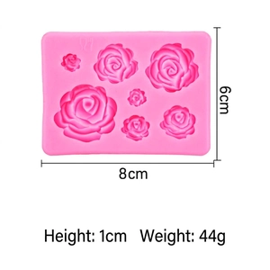 Pink silicone mold featuring 7 different rose shapes for DIY fondant and chocolate