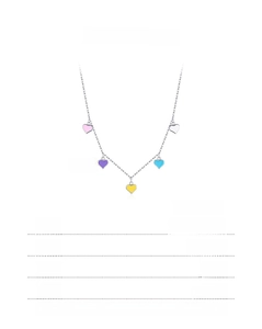 Detailed specs of 925 sterling silver necklace with five colorful enamel heart charms