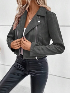 Detail of dark grey faux suede biker jacket with zipper and lapel collar for women