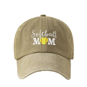 Vintage khaki Softball MOM embroidery baseball cap with heart detail on white background