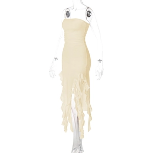 Detail of cream strapless dress with ruched waist and asymmetric ruffled fishtail hem