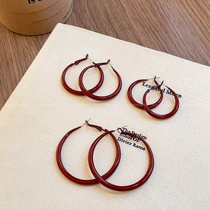 Retro Round Hoop Earrings Glossy Ancora Red Elegant Fashion Jewelry For Women With Silver Earring Post Simple