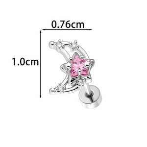 Silver celestial moon stud earring with pink star stone, size 1.0cm by 0.76cm