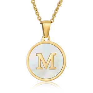 Golden stainless steel round pendant necklace with M letter and white shell inlay
