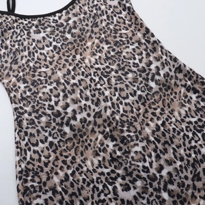 Detail of leopard print maxi dress showing fabric texture and black edge stitching