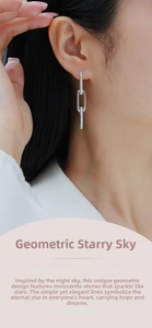 Close-up of geometric Moissanite drop earrings in S925 silver on model's ear