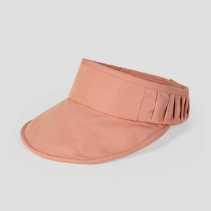 Detail of coral pink open top sun hat showing wide brim and pleated elastic headband