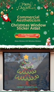 Detail of Christmas tree and star window stickers with Merry Christmas typography