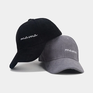 Women's corduroy baseball caps in black and gray with white 'mama' embroidery