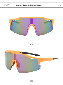 Front and side view of orange cycling sunglasses with purple mirrored lens and windproof frame