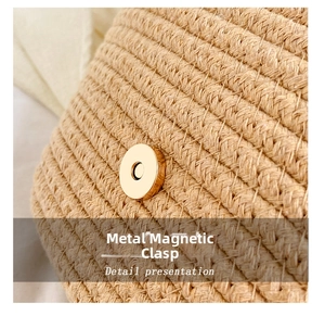 Detail presentation showing the high-quality gold magnetic snap on a woven straw bag